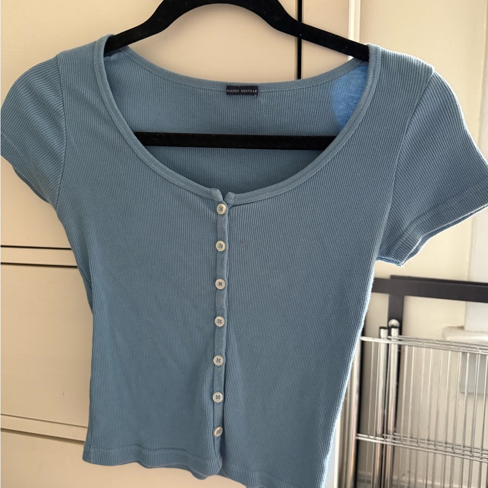 Brandy Melville Light Blue Ribbed Button-Up Top
